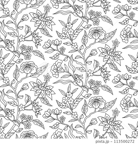 Seamless pattern with monochrome black and white chinoiserie hand drawn motifs 113500272