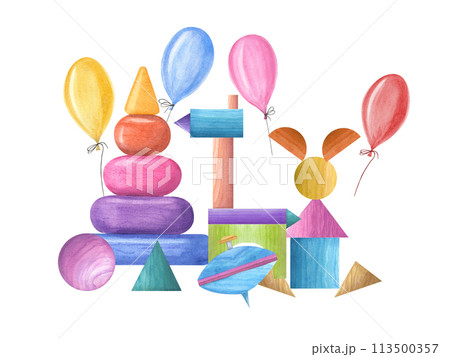Multicolored pyramid, spinning top, ball, cubes, horse and hare made of cubes, balloons. Wooden Toys. Watercolor illustration isolated on white. Composition for children greeting card, party 113500357