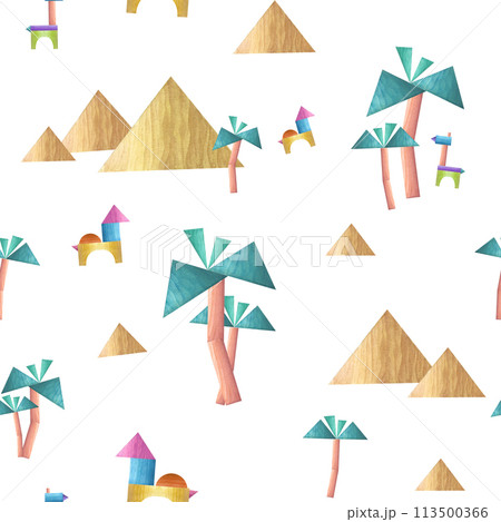 Palm trees, pyramids, animals built from wooden bricks. Watercolor seamless pattern with historical Egyptian objects for kids. Illustration isolated on white background. For children print, textile Palm trees, pyramids, animals built from wooden bricks. Watercolor seamless pattern with historical Egyptian objects for kids. Illustration isolated on white background. For children print, textile 113500366