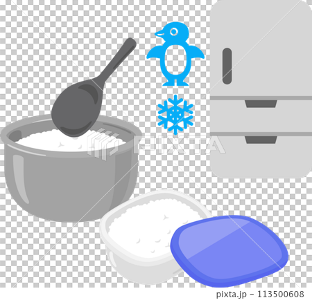 保存容器に入れたご飯と冷蔵冷凍のマーク 保存容器に入れたご飯と冷蔵冷凍のマーク 113500608