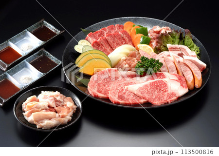 黒い皿に盛り付けられたお肉と野菜・高級な焼き肉素材の盛り合わせ・和牛、鶏肉、豚肉、野菜の盛り合わせ 黒い皿に盛り付けられたお肉と野菜・高級な焼き肉素材の盛り合わせ・和牛、鶏肉、豚肉、野菜の盛り合わせ 113500816