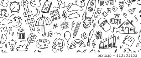 Seamless pattern with daycare doodle elements. Unicorn, hopscotch, toys, crown, umbrella, house, tree and other elements. 113501152