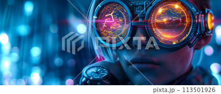 A woman wears digital glasses and gazes at a holographic display. Futuristic technology and innovation. Generative AI. 113501926