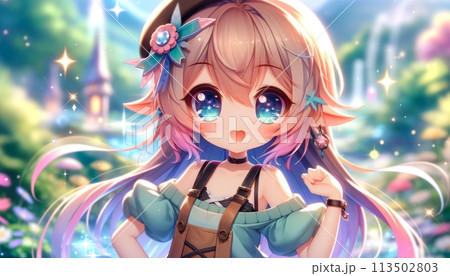 カラフルな背景の可愛い女の子のイラスト カラフルな背景の可愛い女の子のイラスト 113502803