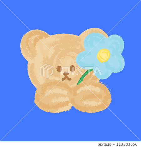 Teddy bear with blue flower for spring, summer, background, card, print, background, vet, pet, zoo, animal, cartoon, character, post card, template, plush toy, doll, patches, wallpaper, gift wrap 113503656
