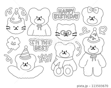 Black outlines of teddy bear, cat and happy birthday elements for kid colouring book, black and white stickers, tattoo, animal, pet, vet, cartoon, character, plush toy, doll, brooch, logo, icon, card 113503670
