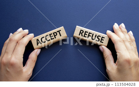 Accept or Reject symbol. Concept word Accept or Reject on wooden blocks. Businessman hand. Beautiful deep blue background. Business and Accept or Reject concept. Copy space 113504028
