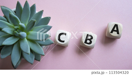 CBA - Cost Benefit Analysis symbol. Wooden cubes with word CBA. Beautiful pink background with succulent plant. Business and Cost Benefit Analysis concept. Copy space. CBA - Cost Benefit Analysis symbol. Wooden cubes with word CBA. Beautiful pink background with succulent plant. Business and Cost Benefit Analysis concept. Copy space. 113504320