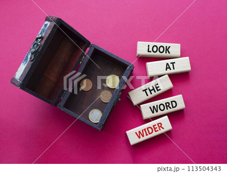 Look at the world wider symbol. Wooden blocks with words Look at the world wider. Beautiful red background with money box. Business and Look at the world wider concept. Copy space. 113504343