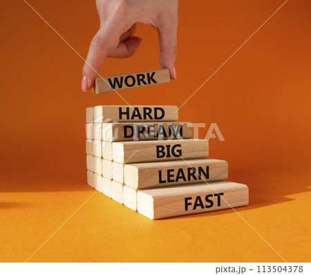 Work hard Dream big Learn fast symbol. Wooden blocks with words Work hard Dream big Learn fast. Beautiful orange background. Businessman hand. Business and Work hard Dream big Learn fast. Copy space. 113504378