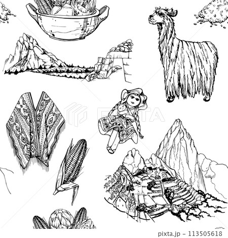 Hand drawn ink vector illustration, Peru symbols landscapes alpaca doll Machu Picchu corn maize embroidered poncho. Seamless pattern isolated on white background. Design travel, menu, brochure, print Hand drawn ink vector illustration, Peru symbols landscapes alpaca doll Machu Picchu corn maize embroidered poncho. Seamless pattern isolated on white background. Design travel, menu, brochure, print 113505618