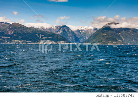 Norwegian fjord seen from ferry boat 113505743
