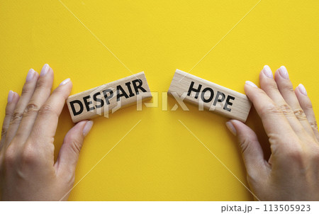 Despair or Hope symbol. Concept word Despair or Hope on wooden blocks. Businessman hand. Beautiful yellow background. Business and Despair or Hope concept. Copy space Despair or Hope symbol. Concept word Despair or Hope on wooden blocks. Businessman hand. Beautiful yellow background. Business and Despair or Hope concept. Copy space 113505923