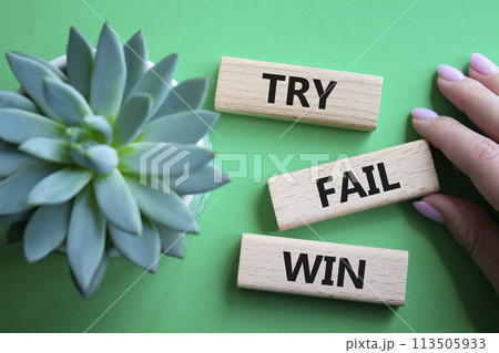 Try Fail Win symbol. Concept words Try Fail Win on wooden blocks. Beautiful green background with succulent plant. Businessman hand. Business and Try Fail Win concept. Copy space. Try Fail Win symbol. Concept words Try Fail Win on wooden blocks. Beautiful green background with succulent plant. Businessman hand. Business and Try Fail Win concept. Copy space. 113505933