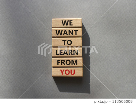 We want to learn from you symbol. Wooden blocks with words We want to learn from you. Beautiful grey background. Business and We want to learn from you. Copy space. 113506009