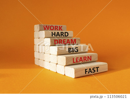 Work hard Dream big Learn fast symbol. Wooden blocks with words Work hard Dream big Learn fast. Beautiful orange background. Business and Work hard Dream big Learn fast. Copy space. 113506021