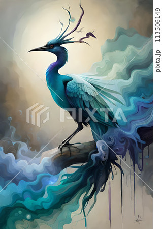 Fantasy blue bird is sitting on a branch in magic 113506149