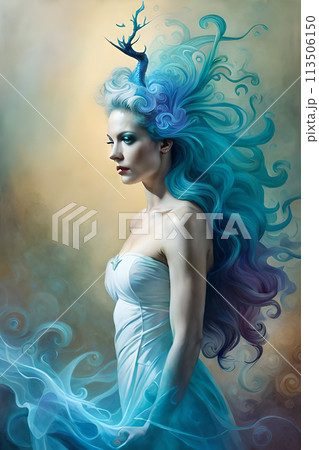 A woman with blue hair and a blue hair stands on a tree trunk. 113506150
