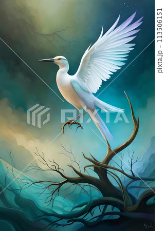 Fantasy blue bird is sitting on a branch in magic 113506151