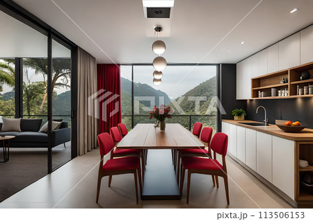 Luxury modern and vintage turquoise interior. Marble kitchen island with wooden chockers. 113506153