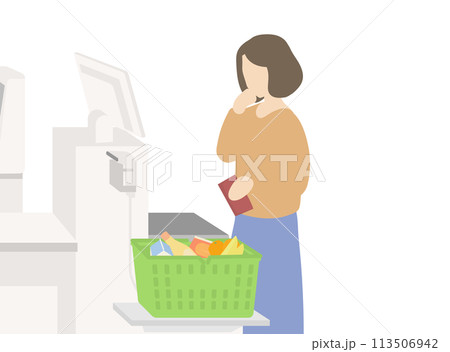 スーパーのセルフレジに戸惑う女性のイラスト 113506942