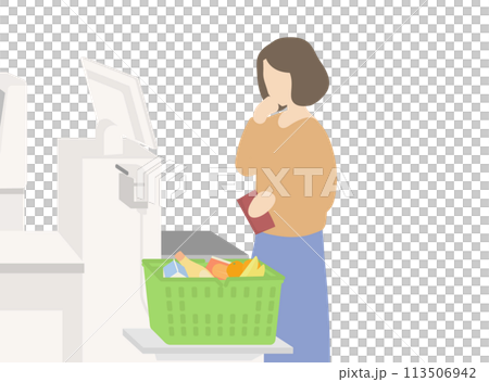 スーパーのセルフレジに戸惑う女性のイラスト 113506942