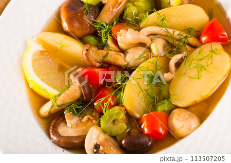 Rustic pottage with mushrooms and vegetables Rustic pottage with mushrooms and vegetables 113507205