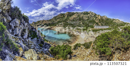 View over Cala Corsara, Spargi Island, Maddalena Archipelago, Sardinia, Italy 113507321