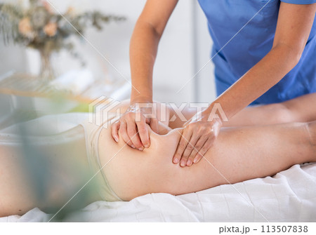 Closeup of hands of masseur who makes an anti-cellulite massage of the thighs and buttocks of woman 113507838