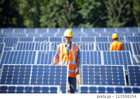 Renewable energy, Person at solar power plant. 113508354