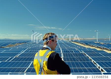 Renewable energy, Person at solar power plant. 113508358