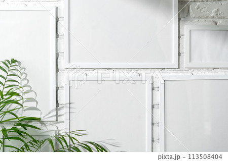 Varied Sized Photo Frames Displayed on a White Brick Wall 113508404