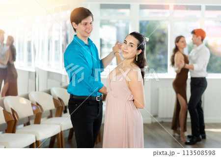 Couple young woman and man dancing waltz 113508598