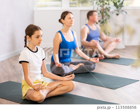 Middle-aged woman, man, preteen girl and boy practicing Padmasana with crossed legs on mats during family Hatha yoga class in wellness studio 113508856
