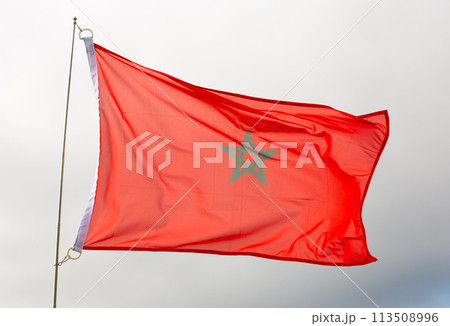 National flag of Morocco flying on flagstaff against sky National flag of Morocco flying on flagstaff against sky 113508996