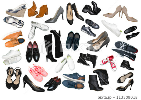 Collection of various types of female shoes over white 113509018