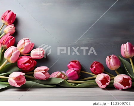 Bouquet of pink tulips on a gray wooden background. 113509702