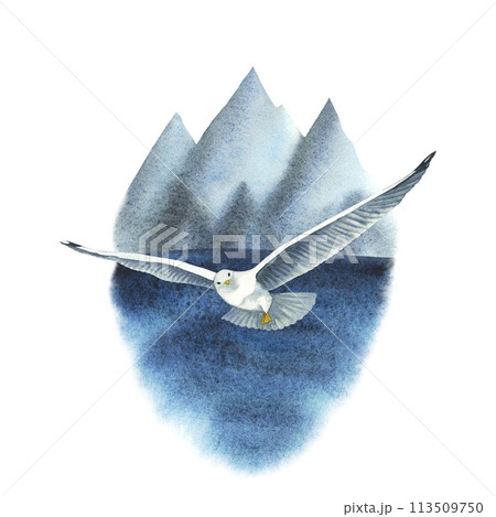 Flying watercolor seagull composition print isolated on white background. Hand drawn illustration on the theme of sea fishing. Mountain, water, tourist. For design, prints, patterns, postcards 113509750