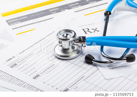 closeup stethoscope on medical background 113509753