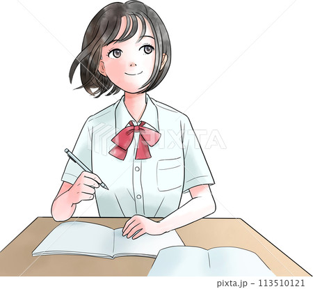 勉強する夏服姿の女子学生のイラスト 113510121