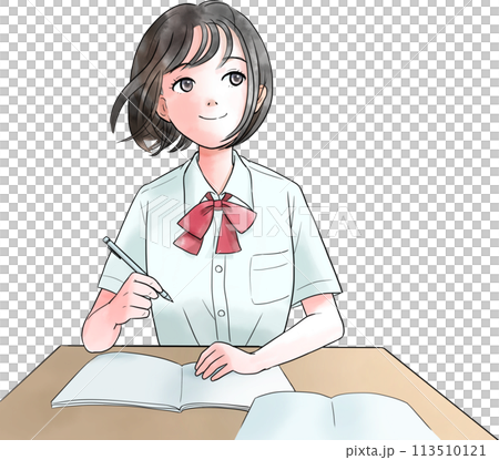 勉強する夏服姿の女子学生のイラスト 113510121