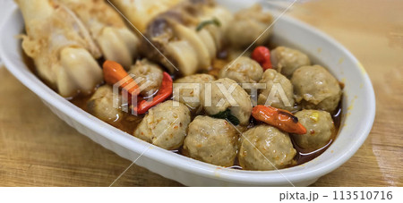 Delicious Indonesian meatballs with huge bones contains bone marrow in spicy beef broth and chilies Delicious Indonesian meatballs with huge bones contains bone marrow in spicy beef broth and chilies 113510716