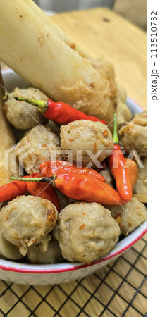 Delicious Indonesian meatballs with huge bones contains bone marrow in spicy beef broth and chilies 113510732