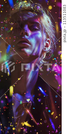 Prom king and queen. Young couple in love standing in a dimly lit room. Surrounded by vibrant purple and blue neon light, sprinkles, splashes, glitters and sparkles. Prom king and queen. Young couple in love standing in a dimly lit room. Surrounded by vibrant purple and blue neon light, sprinkles, splashes, glitters and sparkles. 113511083