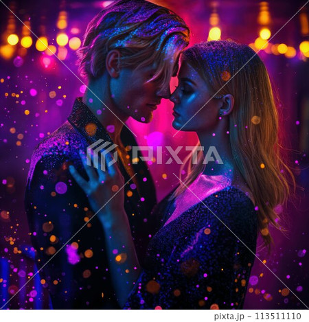 Prom king and queen. Young couple in love standing in a dimly lit room. Surrounded by vibrant purple and blue neon light, sprinkles, splashes, glitters and sparkles. 113511110