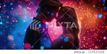Prom king and queen. Young couple in love standing in a dimly lit room. Surrounded by vibrant purple and blue neon light, sprinkles, splashes, glitters and sparkles. 113511120