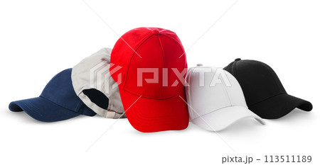 Colorful Assortment of Baseball Caps and a Ball on White Background 113511189