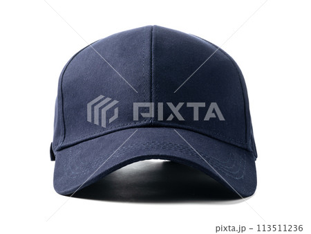 Navy Blue Baseball Cap on a White Background With Clear Lighting Navy Blue Baseball Cap on a White Background With Clear Lighting 113511236