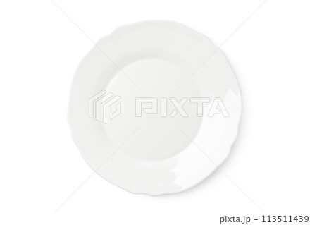 Empty white plate isolated on white background Empty white plate isolated on white background 113511439