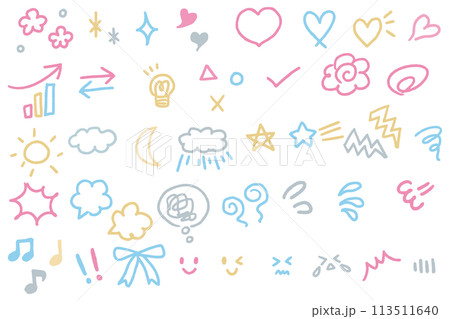 シンプルでかわいい手描きの感情表現の装飾イラストセット 113511640